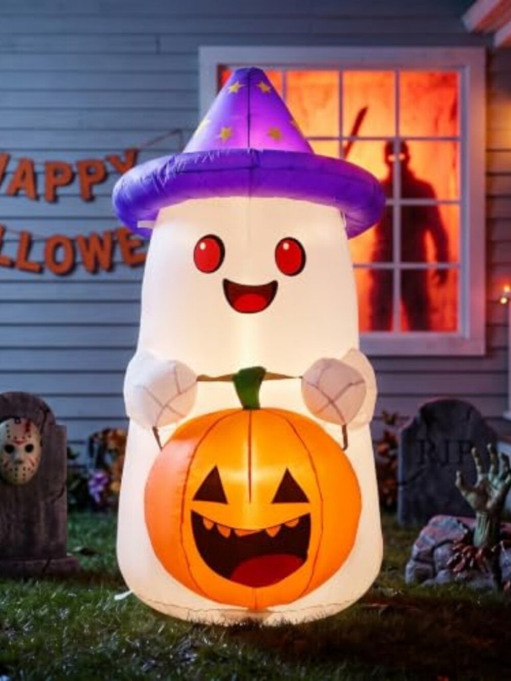 5 FT Halloween Inflatables Decor, Cute Inflatable Ghost with Pumpkin, Built-in 2
